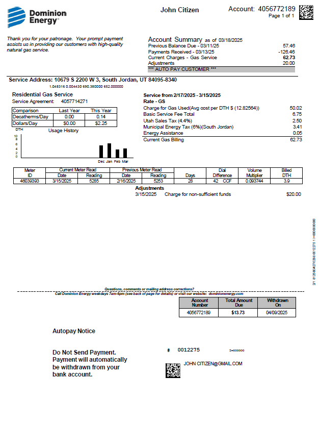 USA Dominion Energy utility bill template in Word and PDF formats, version 3
